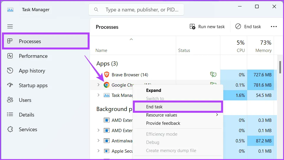 Убедитесь, что вы находитесь на вкладке «Процесс», щелкните правой кнопкой мыши программу, которую хотите закрыть, и выберите «Завершить задачу».