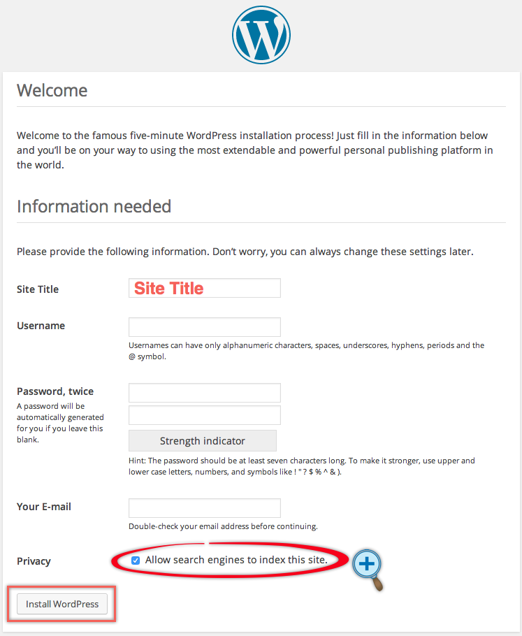 Введите название сайта, данные для входа в систему для установки WordPress.