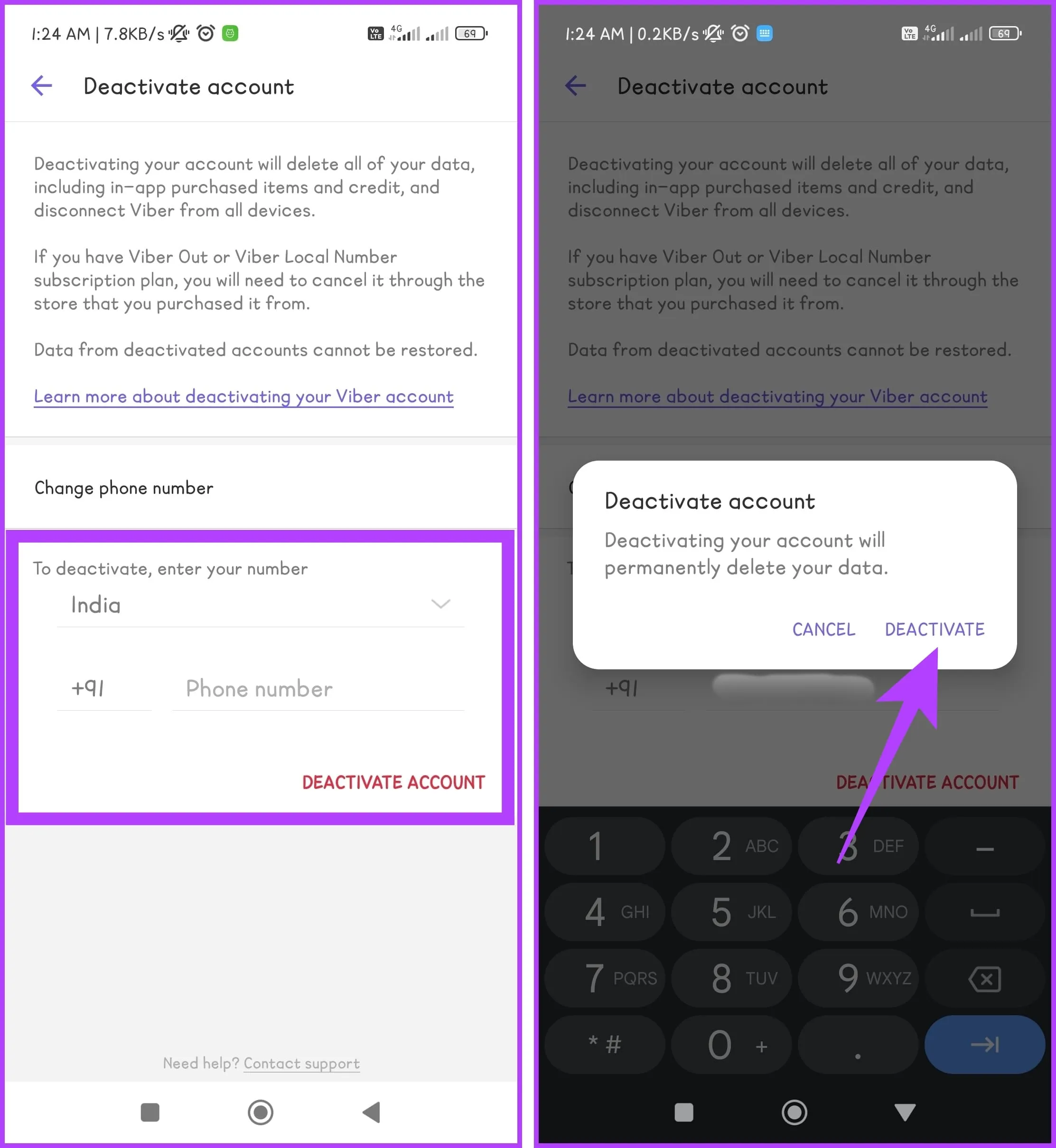 Введите свой связанный номер телефона и выберите «Деактивировать учетную запись». Подтвердите выбор, выбрав Деактивировать.