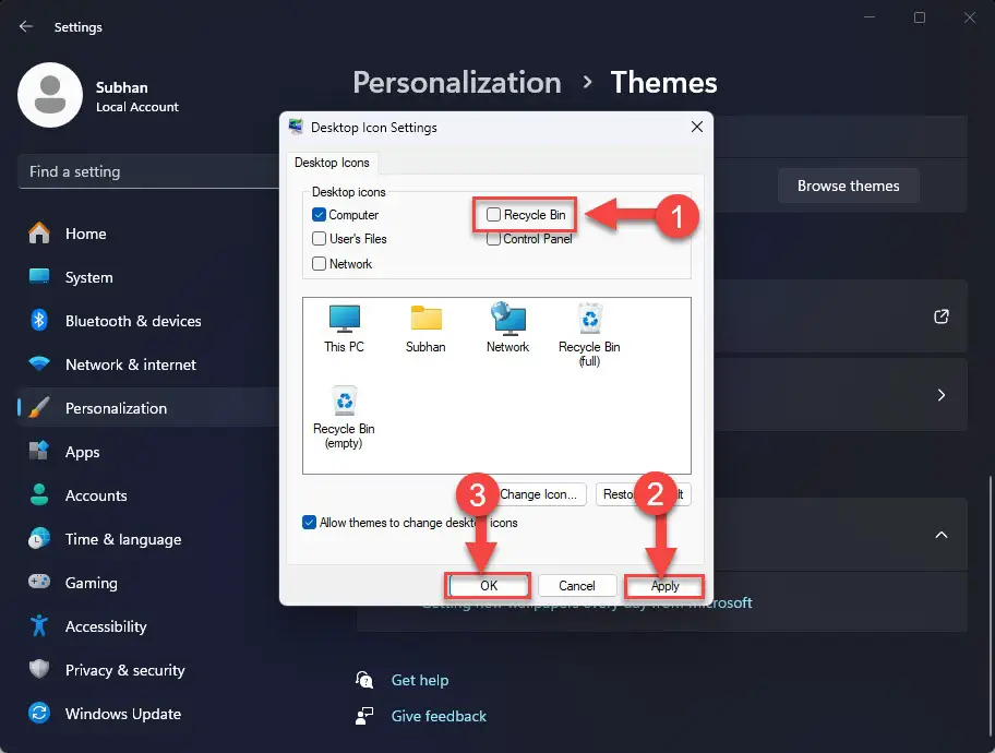 Скрыть корзину с рабочего стола