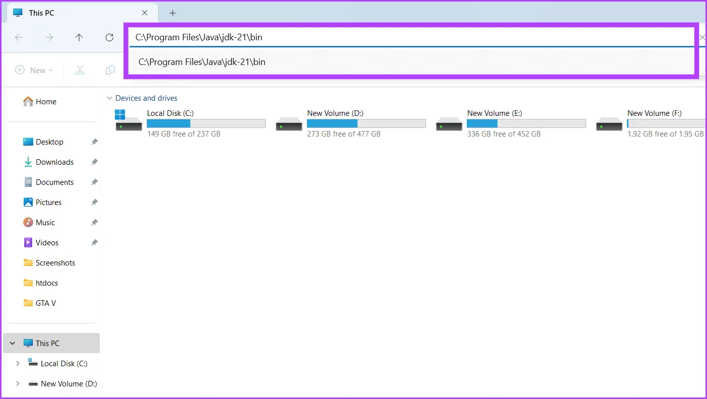 В строке поиска напишите адрес папки Java bin и нажмите Enter.