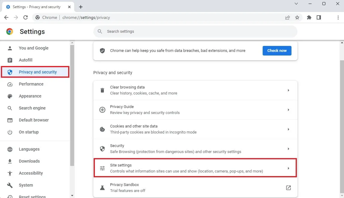 Доступ к настройкам сайта в Google Chrome