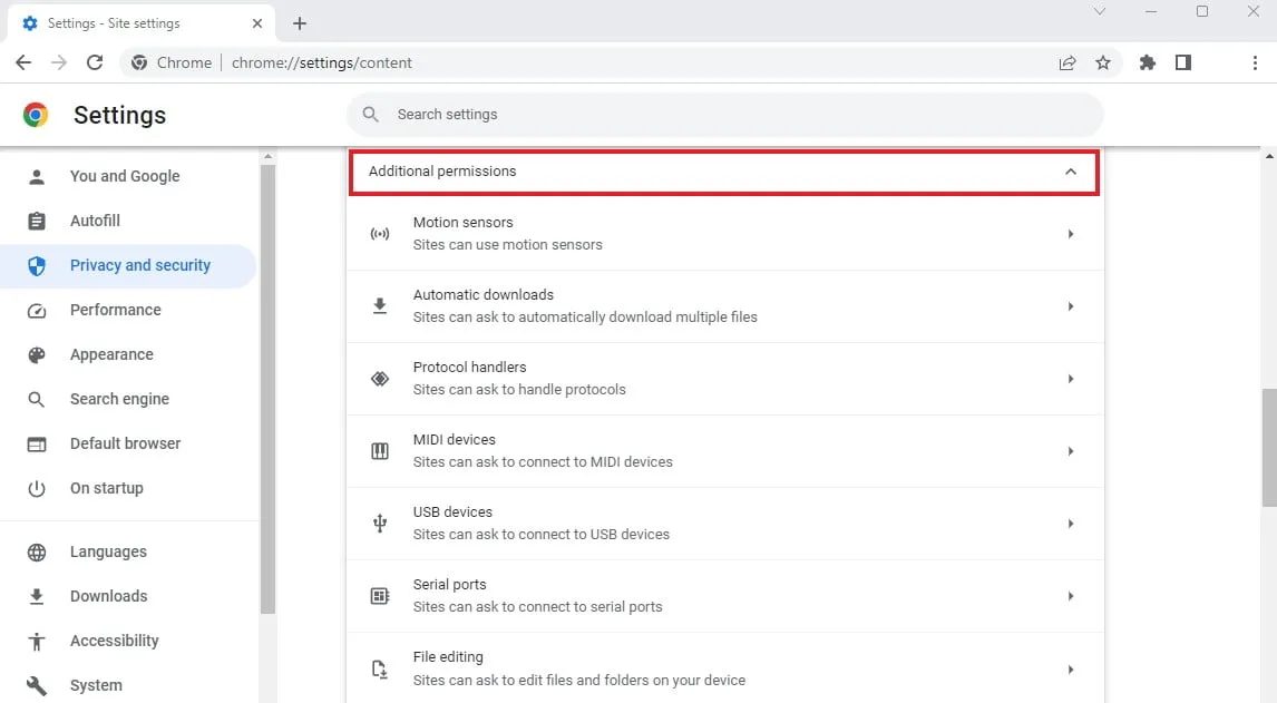 Доступ к дополнительным разрешениям в Chrome