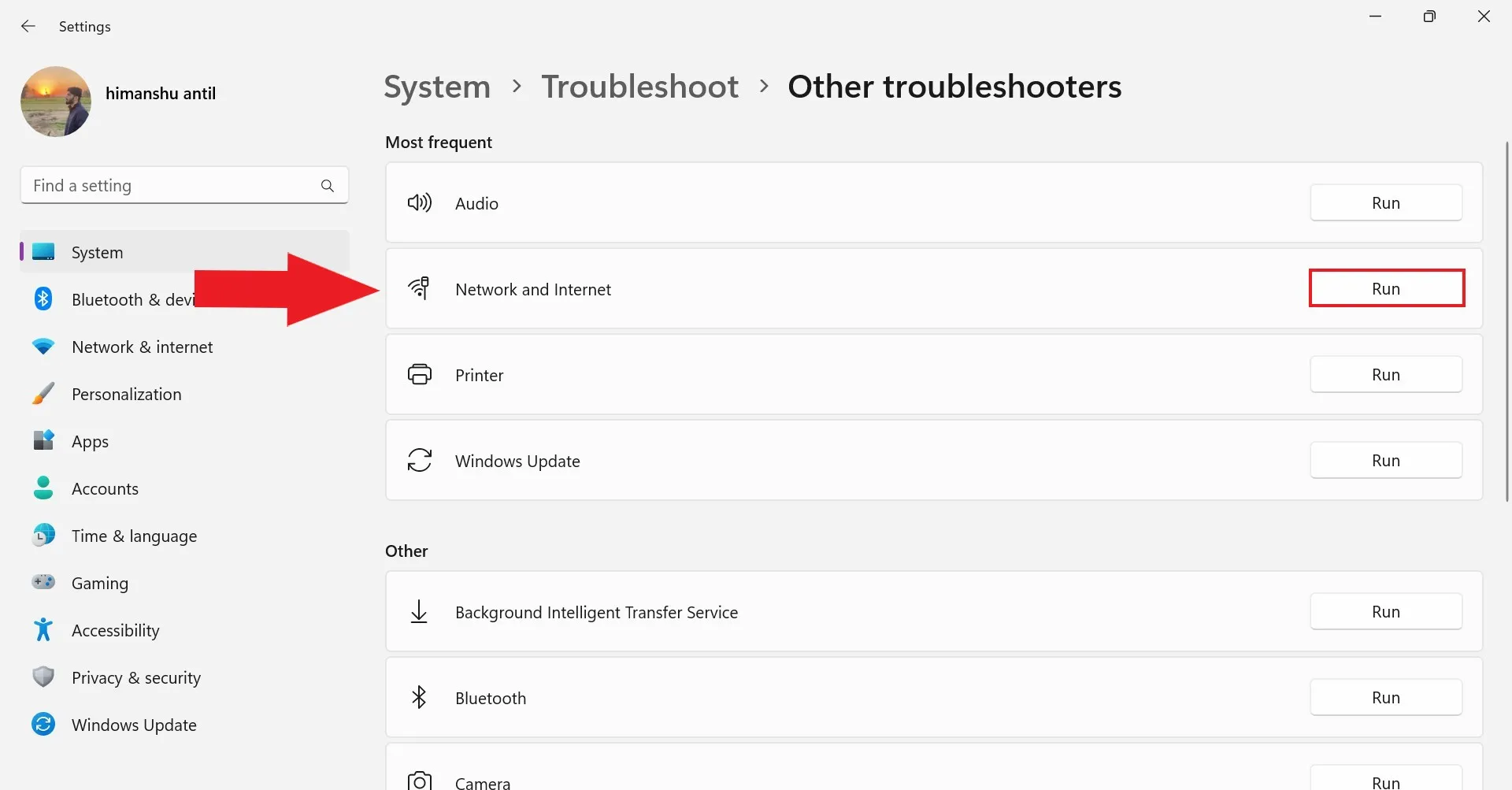 Запуск средств устранения неполадок сети и Интернета