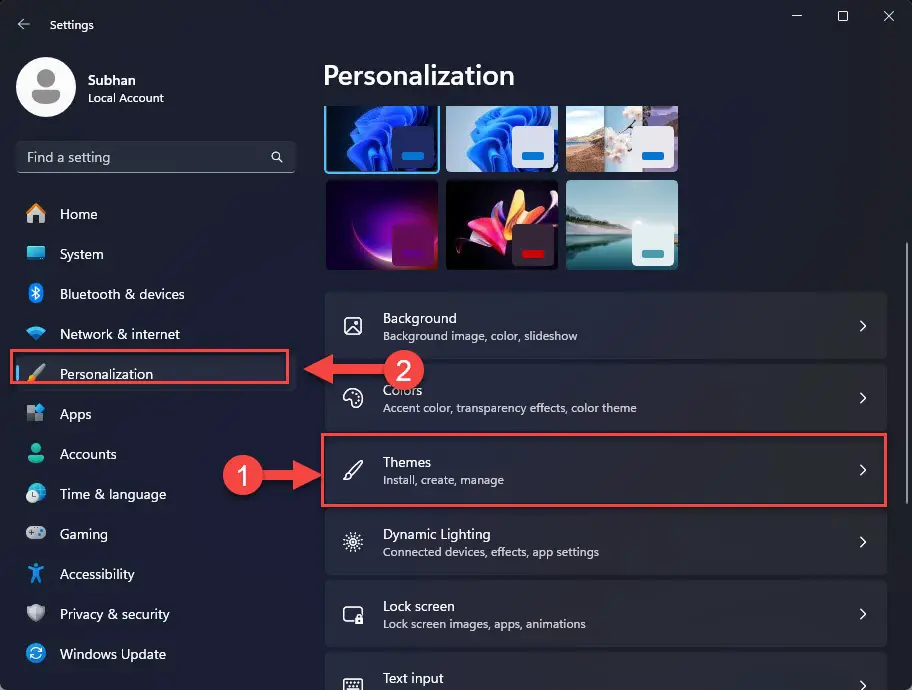 Открыть настройки тем