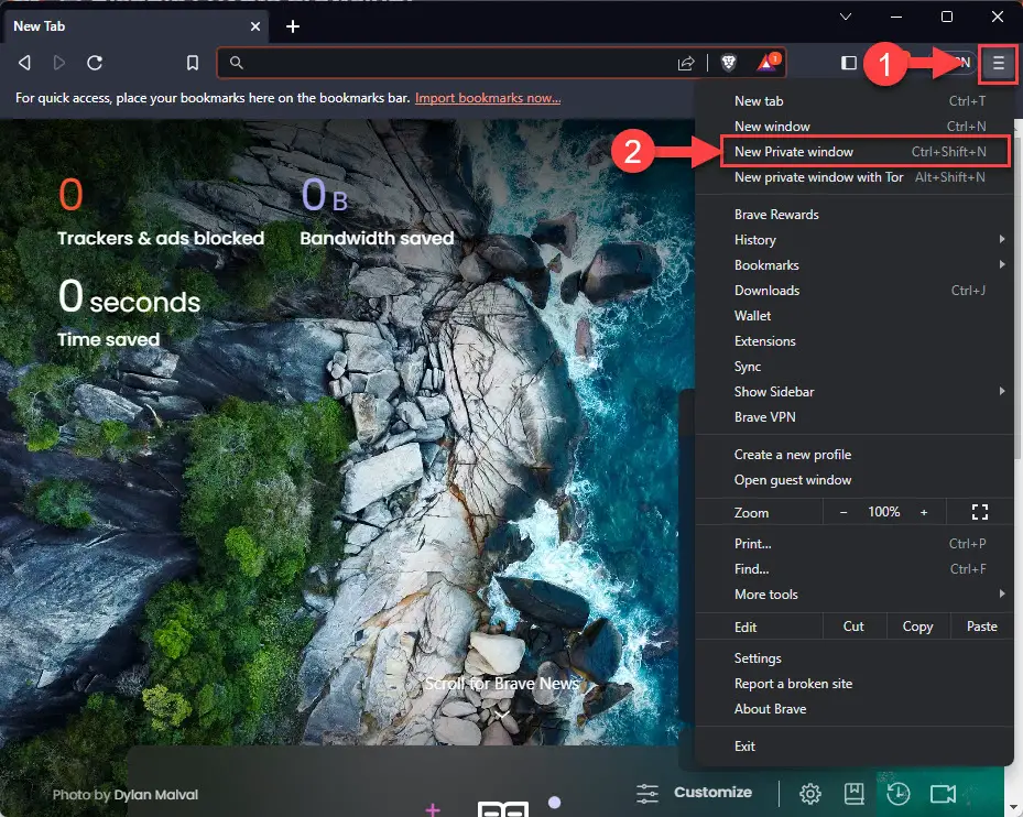 Открыть новое приватное окно в Brave