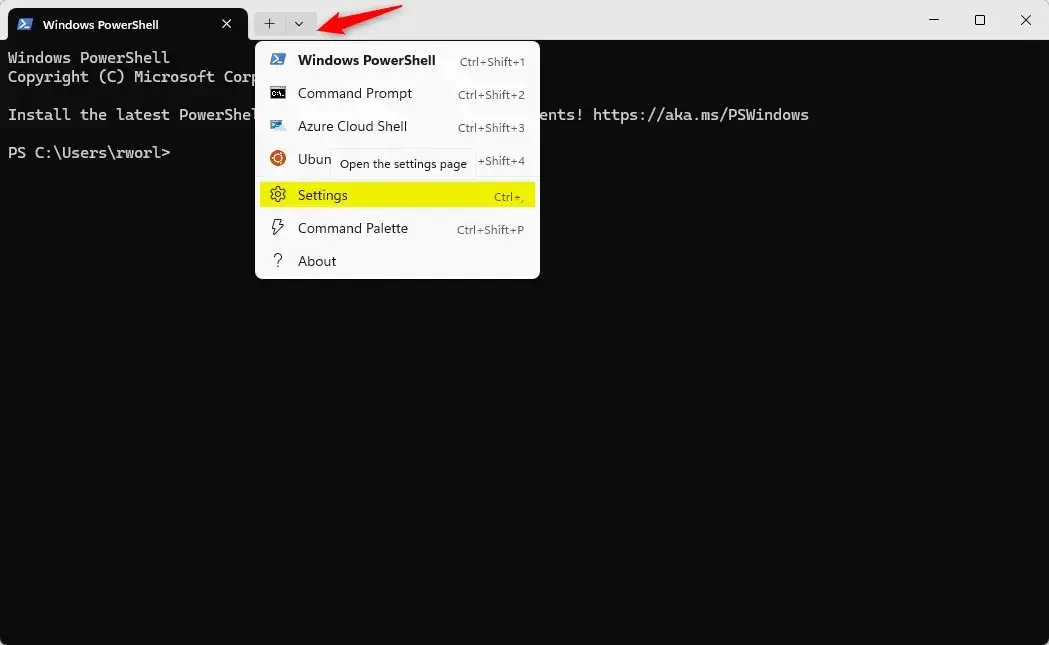 Откройте настройки терминала Windows.