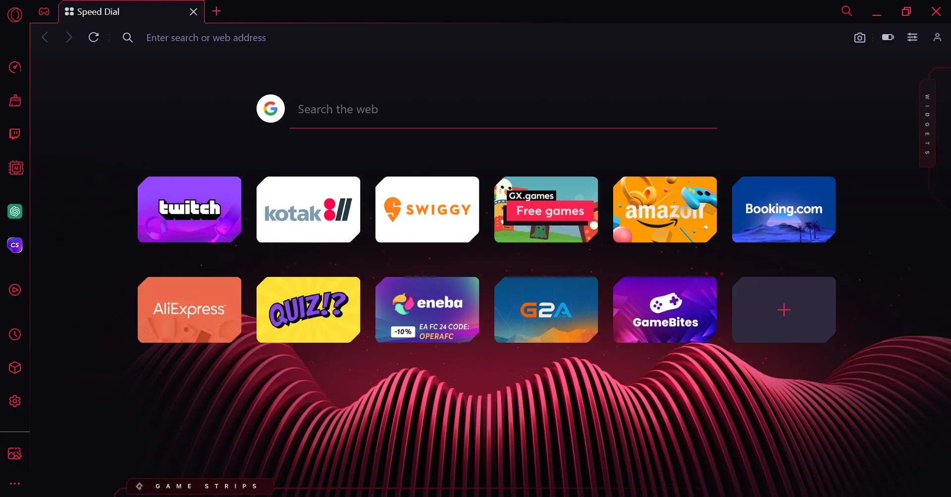 Интерфейс браузера Opera GX