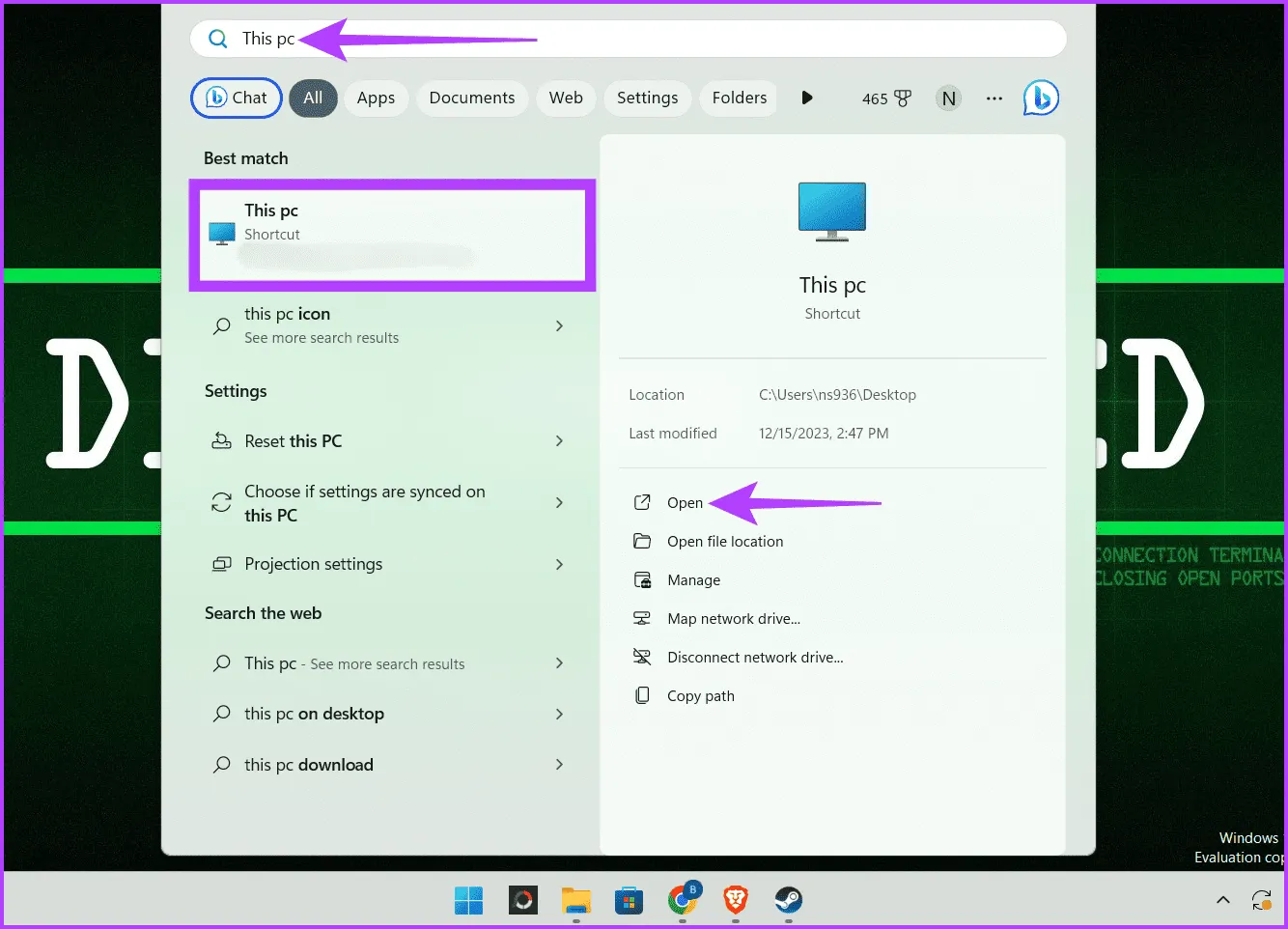 Нажмите Windows S, введите «Этот компьютер» и нажмите «Открыть».