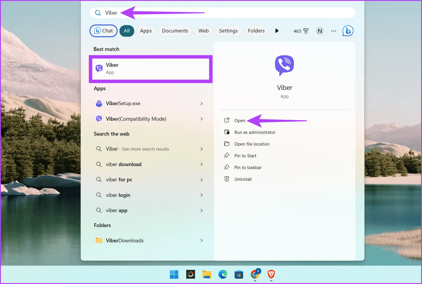 Нажмите Windows S, введите Viber и выберите «Открыть».