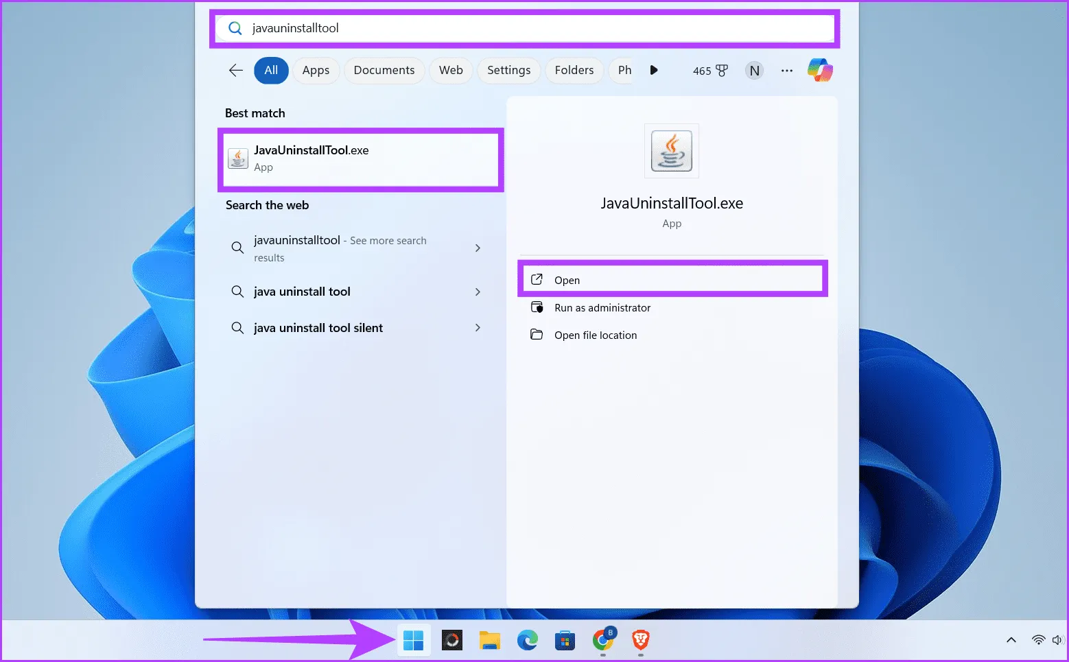 Нажмите значок Windows типа JavaUninstallTooll и нажмите «Открыть».