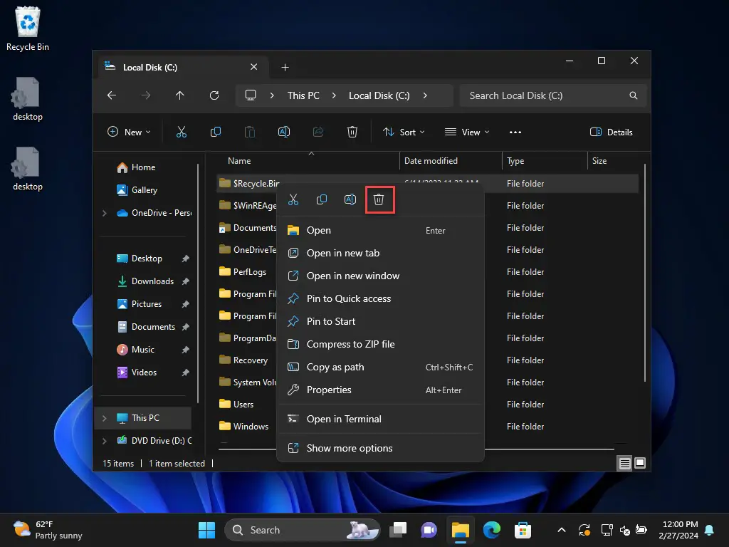 Скрытую папку RECYCLE BIN можно удалить