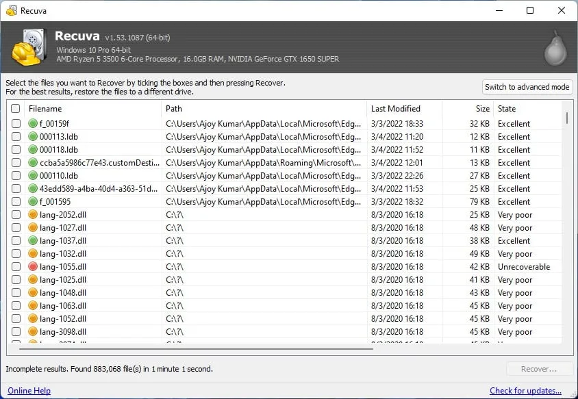 Программное обеспечение для восстановления данных Recuva