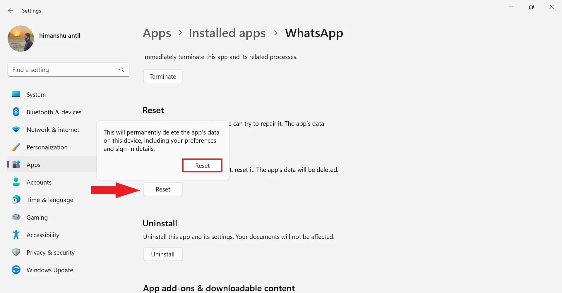 Опция сброса для приложений