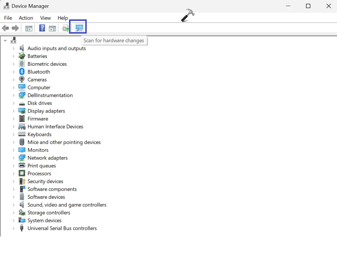 Нажмите «Сканировать на предмет изменений оборудования».