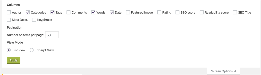 Параметры экрана на странице «Все сообщения»