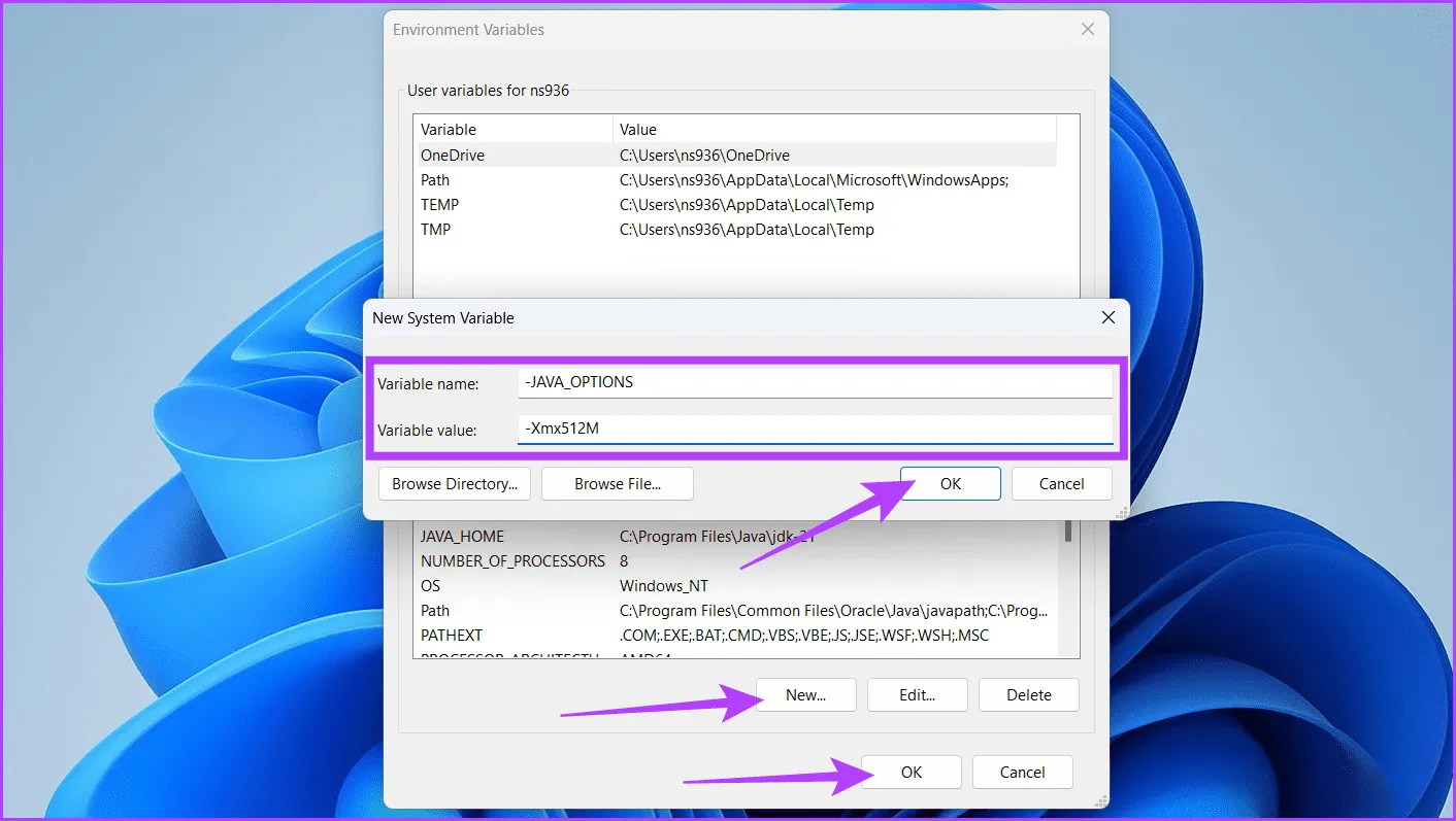 В разделе «Системная переменная» нажмите кнопку «Создать», введите значения и дважды нажмите «ОК».