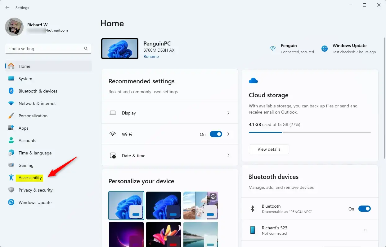 Кнопка специальных возможностей в приложении «Настройки»