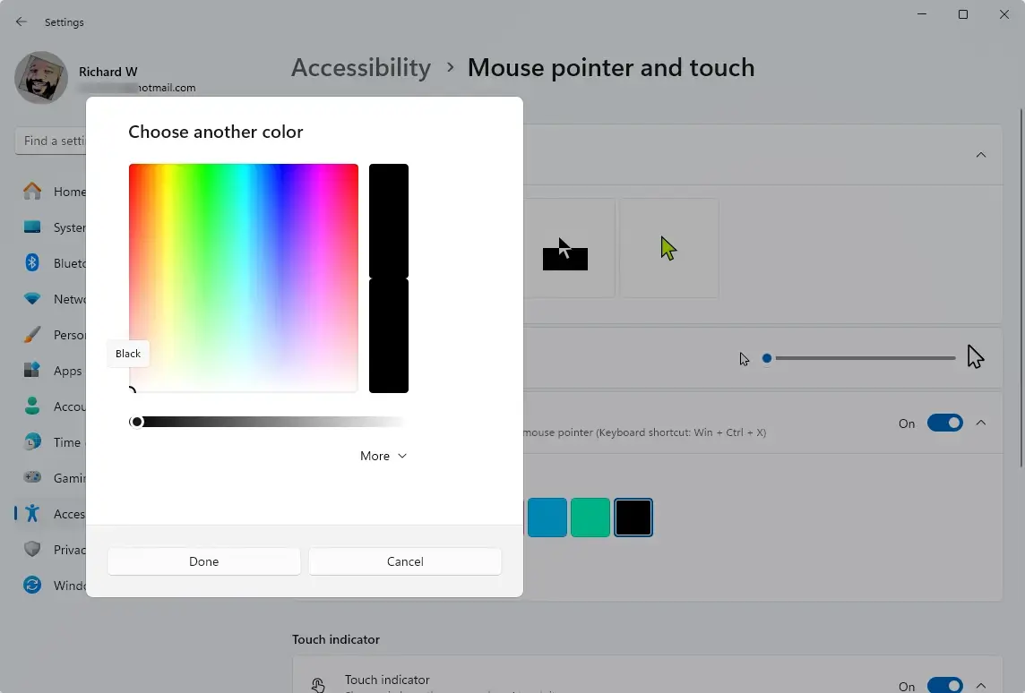 Пользовательский цвет индикатора указателя Windows 11