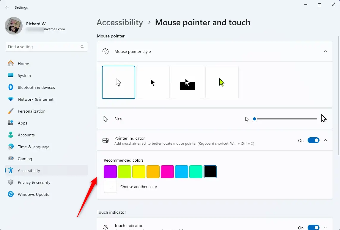 Рекомендуемый в Windows 11 цвет индикатора указателя мыши