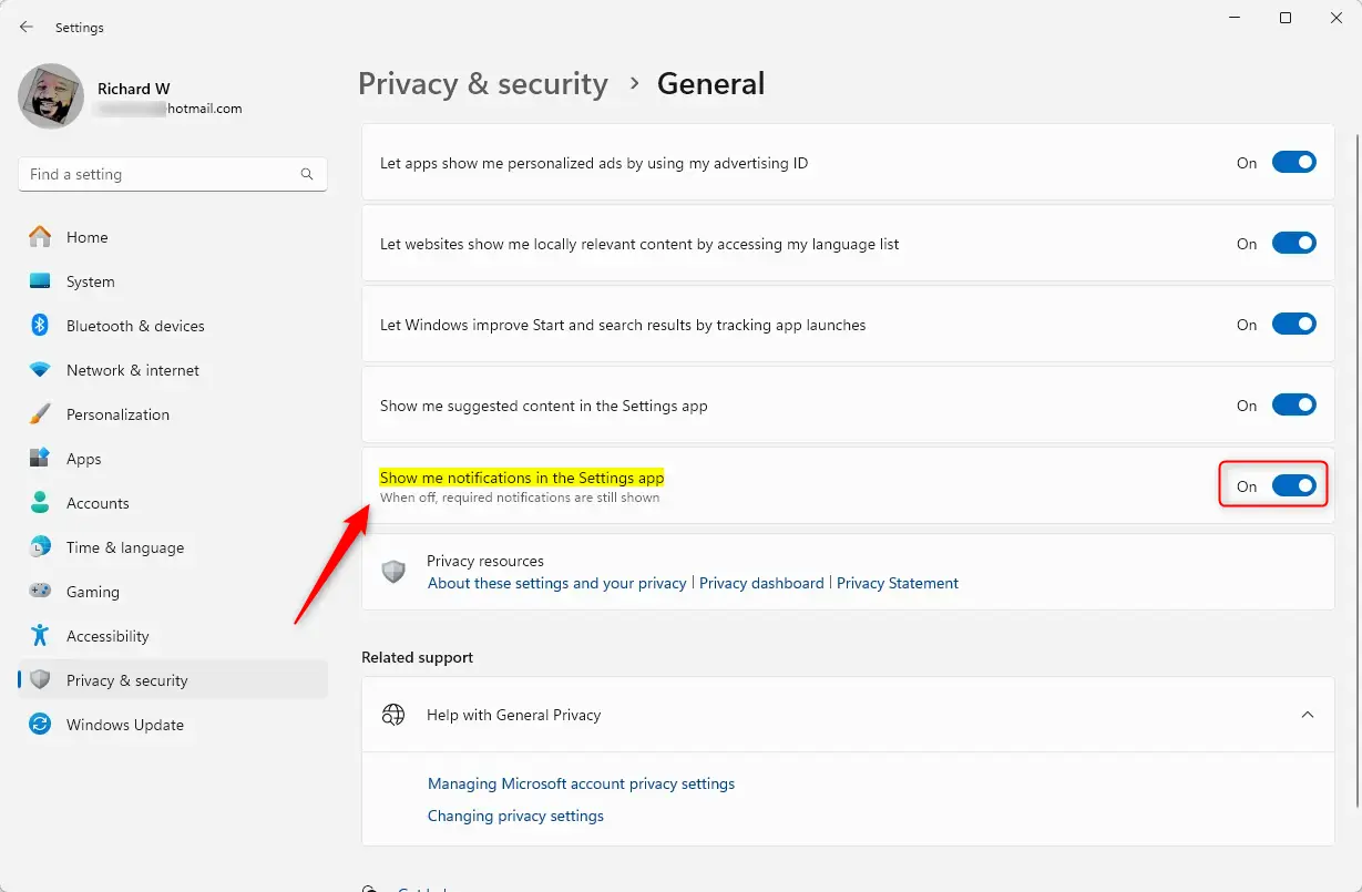 Windows 11 показывает мне уведомления в приложении «Настройки»