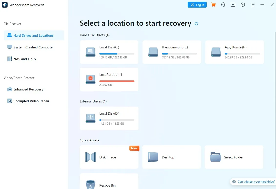 Интерфейс Wondershare Recoverit