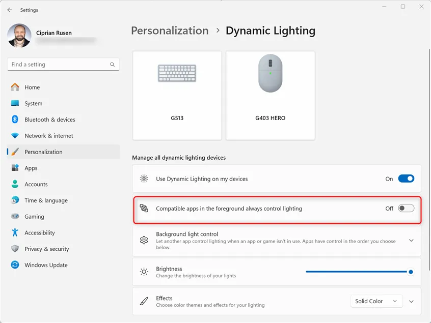Не позволяйте другим приложениям управлять RGB-подсветкой