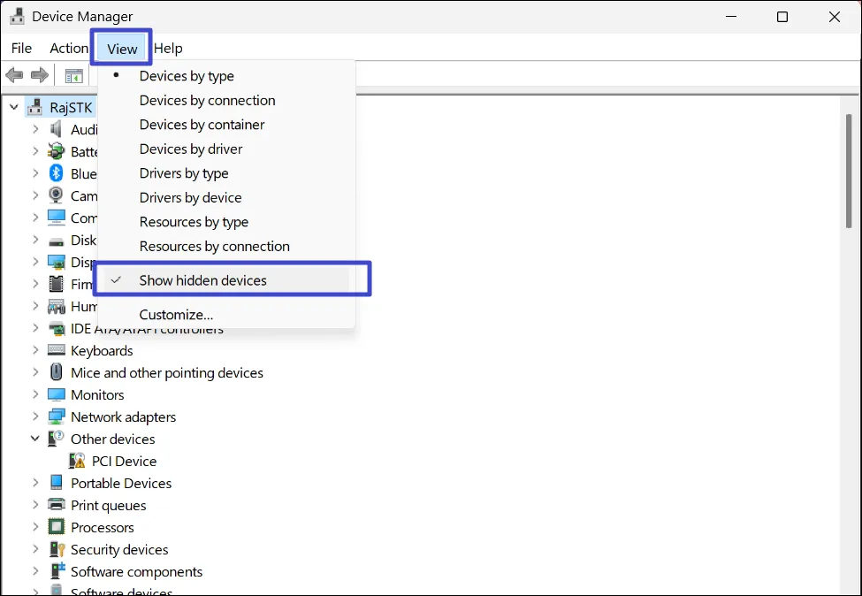 Показать скрытые устройства