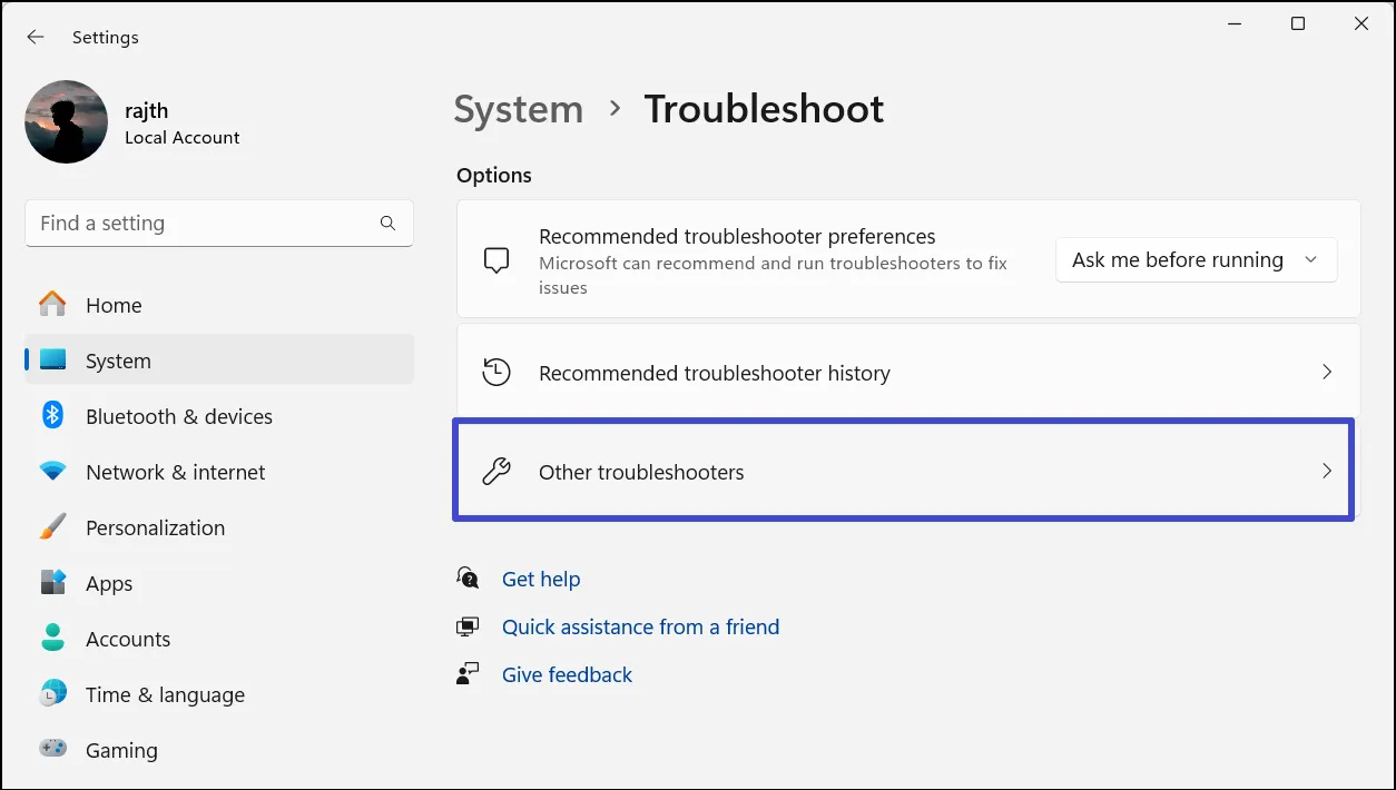 Нажмите «Другие средства устранения неполадок».