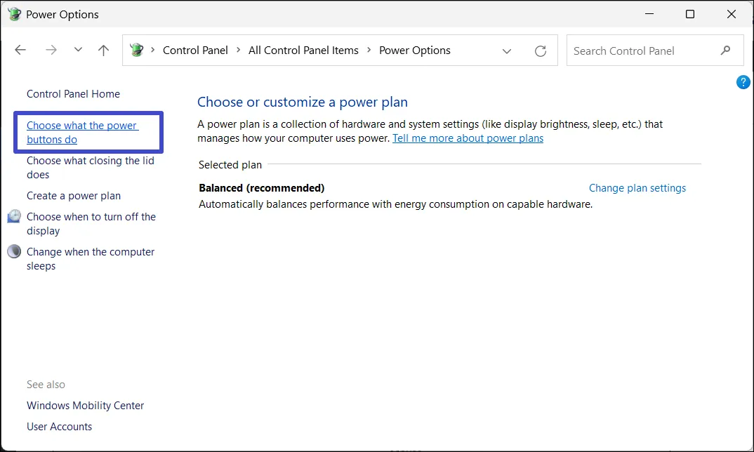 Нажмите «Выбрать, что делают кнопки питания».