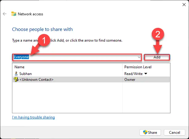 Добавьте пользователей, которым будет предоставлен общий доступ к папке