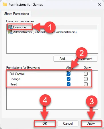 Настройте разрешения для совместного использования
