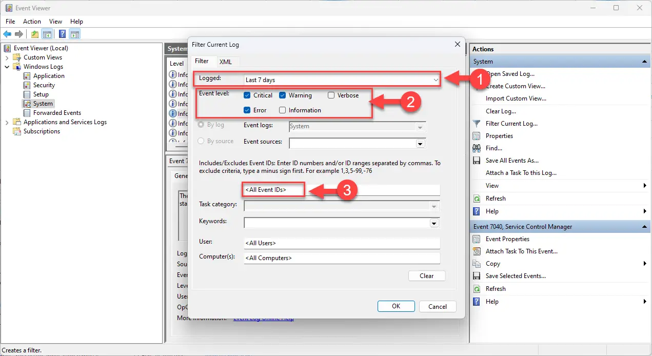 Примените фильтры событий