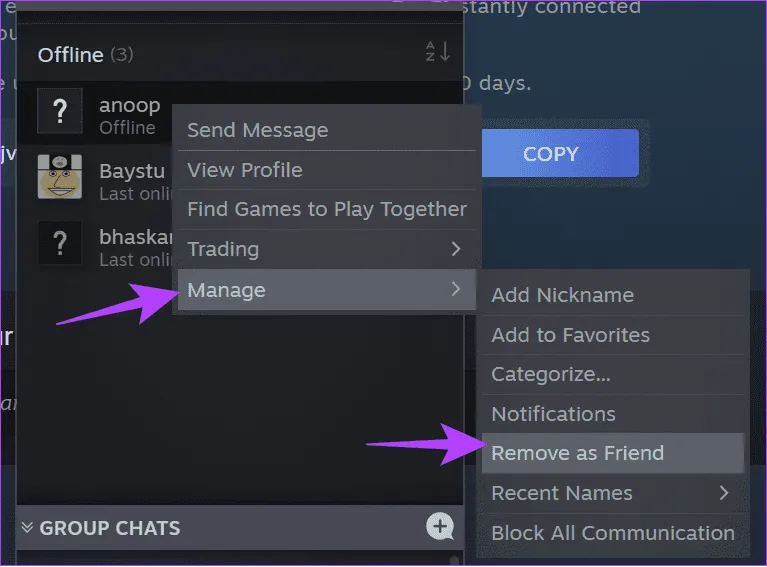 Выберите «Управление», а затем выберите «Удалить как друга».