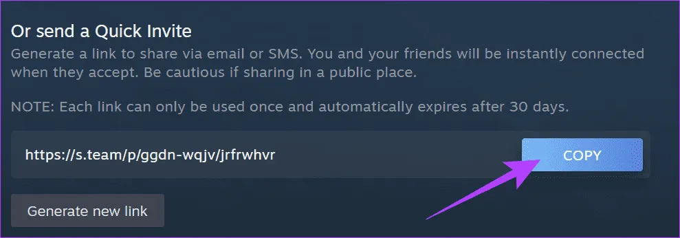Нажмите «Копировать» рядом со ссылкой.