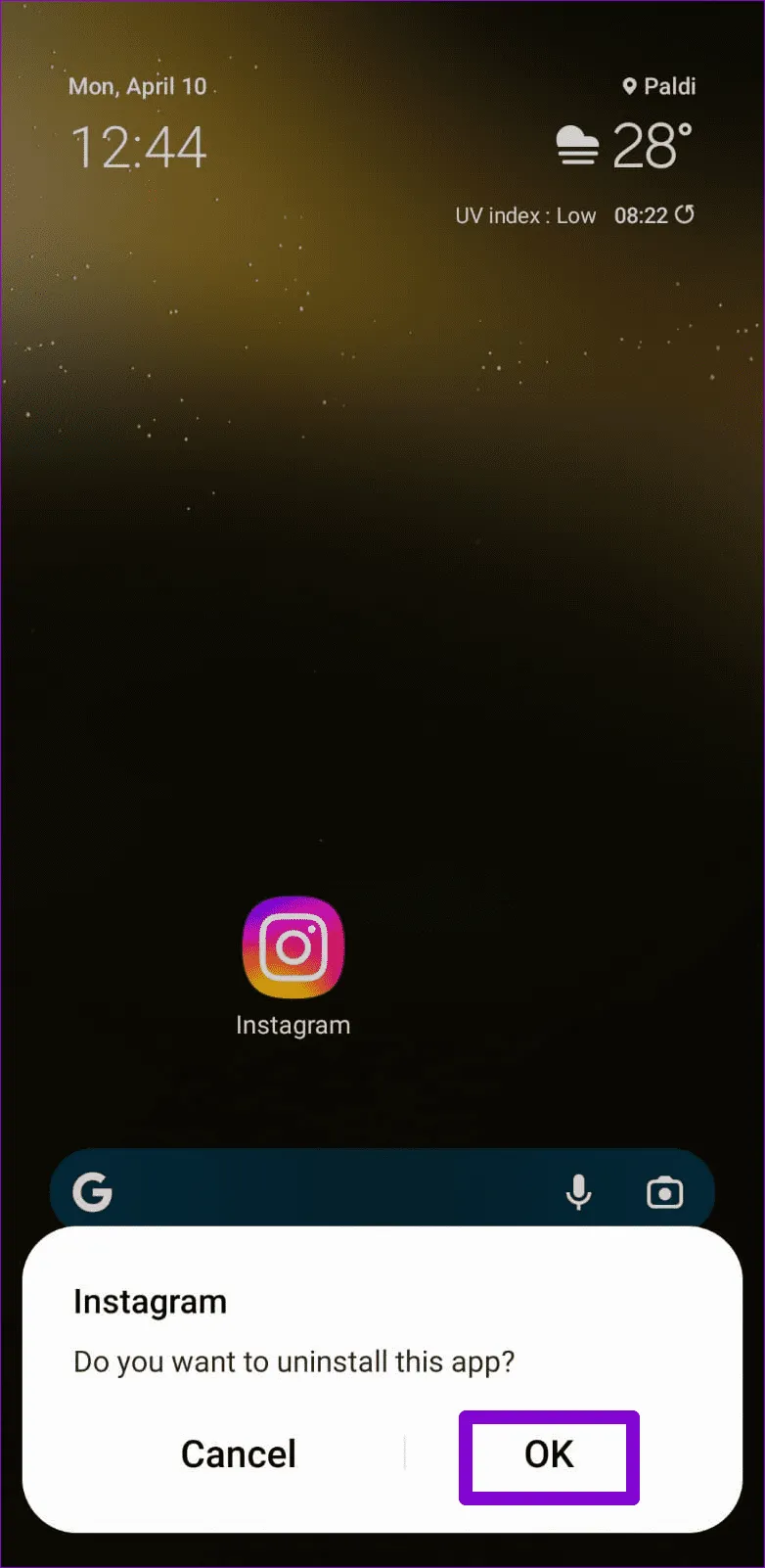 Подтвердите удаление Instagram с Android 1