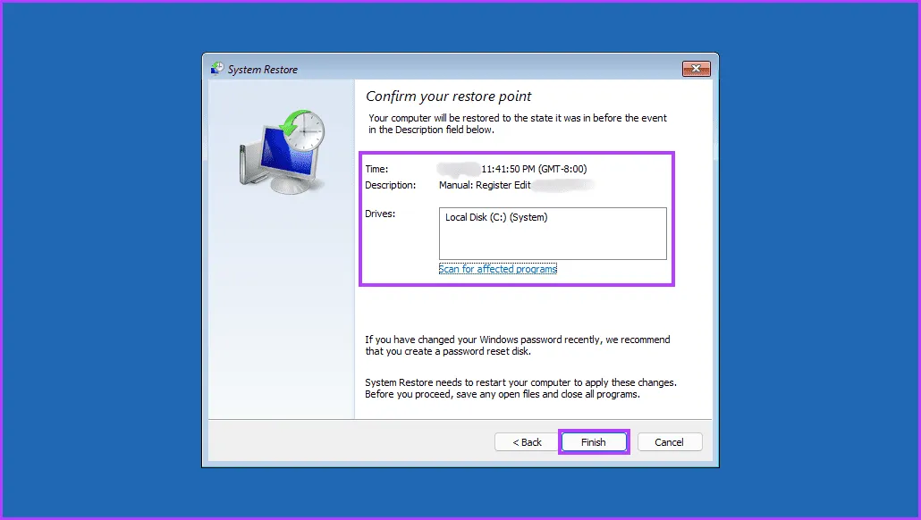 Подтвердите точку восстановления и нажмите «Готово 1».