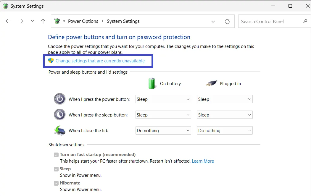 Нажмите Изменить настройки, которые...