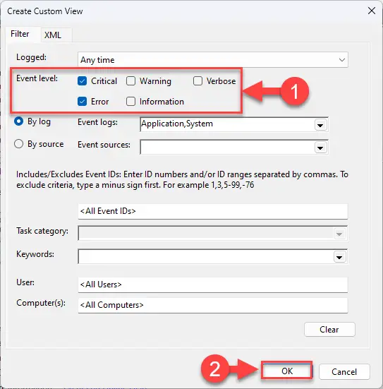 Создайте собственное представление для журналов событий.