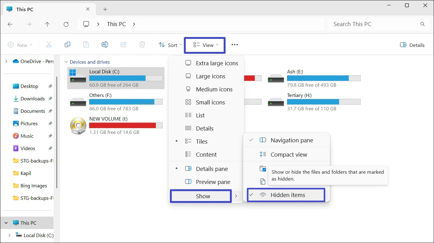 Показать скрытые файлы