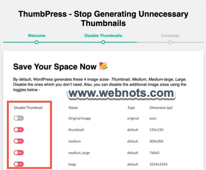 Отключить размеры миниатюр изображений