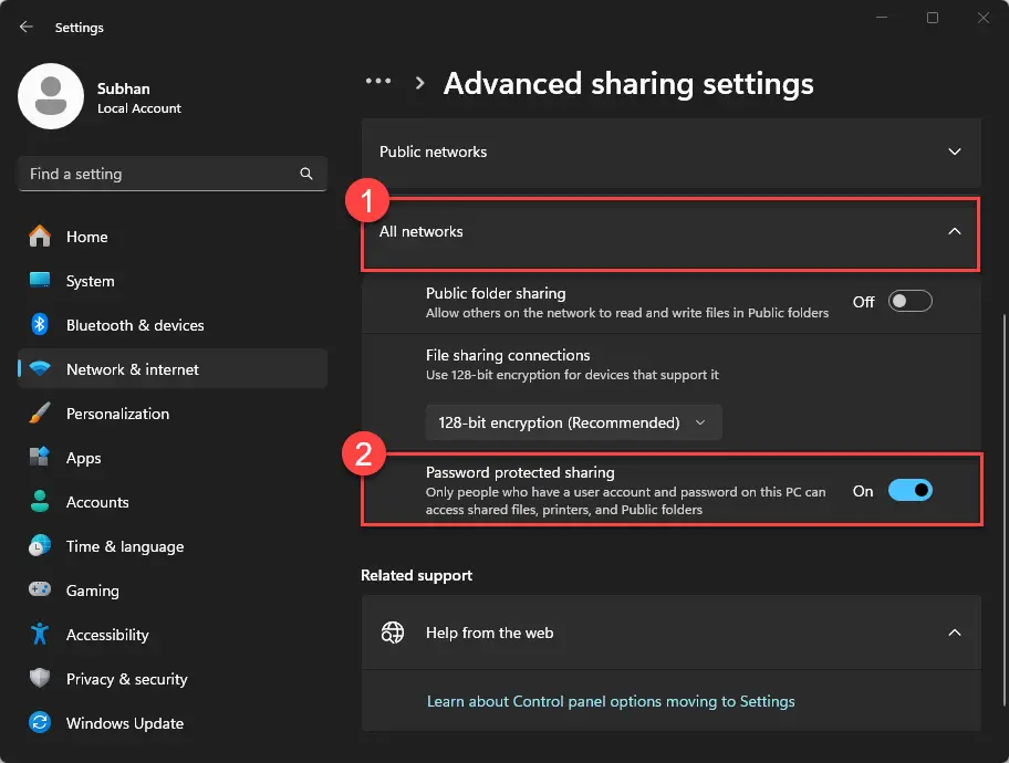 Включить или отключить общий доступ, защищенный паролем