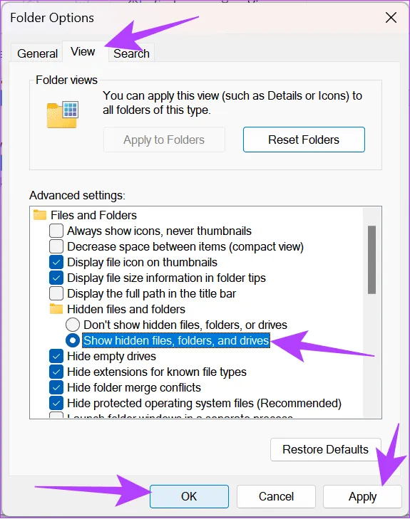 Включить показ скрытых папок в диспетчере файлов