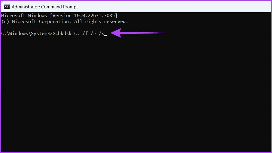 Введите команду проверки диска и нажмите Enter.