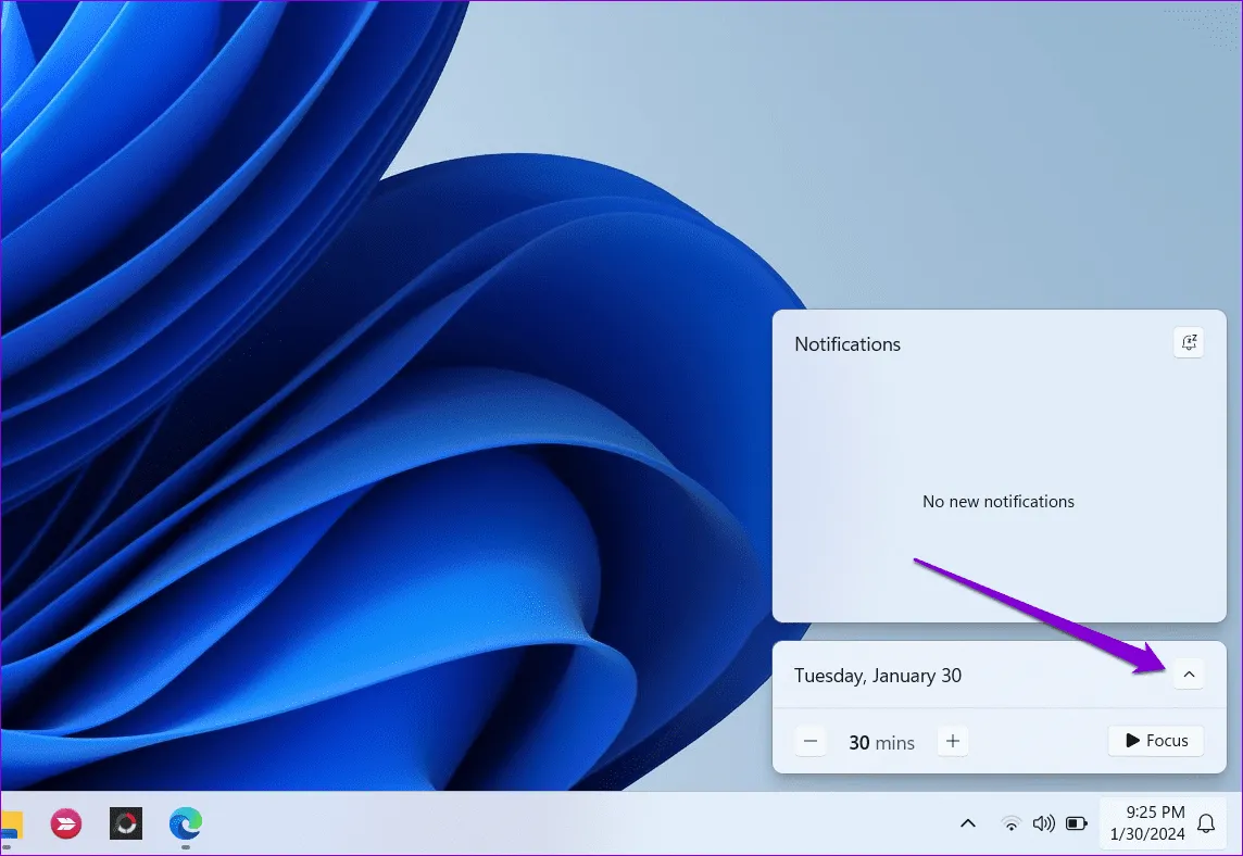 Развернуть календарь панели задач в Windows 11