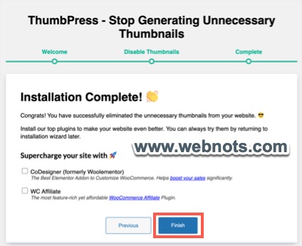 Завершите отключение размеров изображений с помощью плагина ThumbPress.