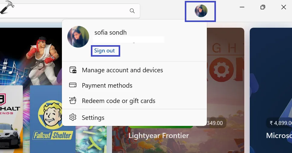 Выйти из учетной записи Microsoft Store