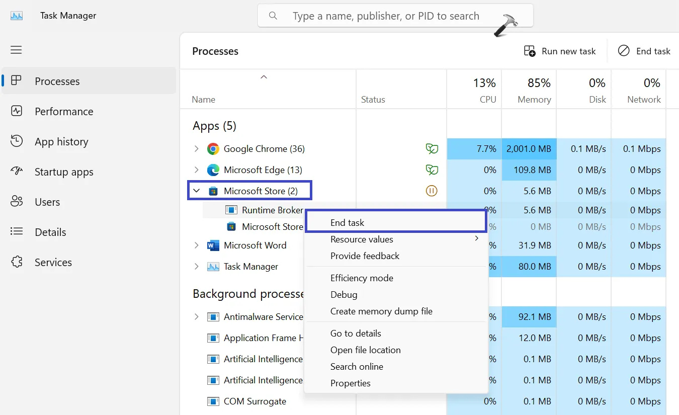 Завершить задачу приложения Microsoft Store в диспетчере задач