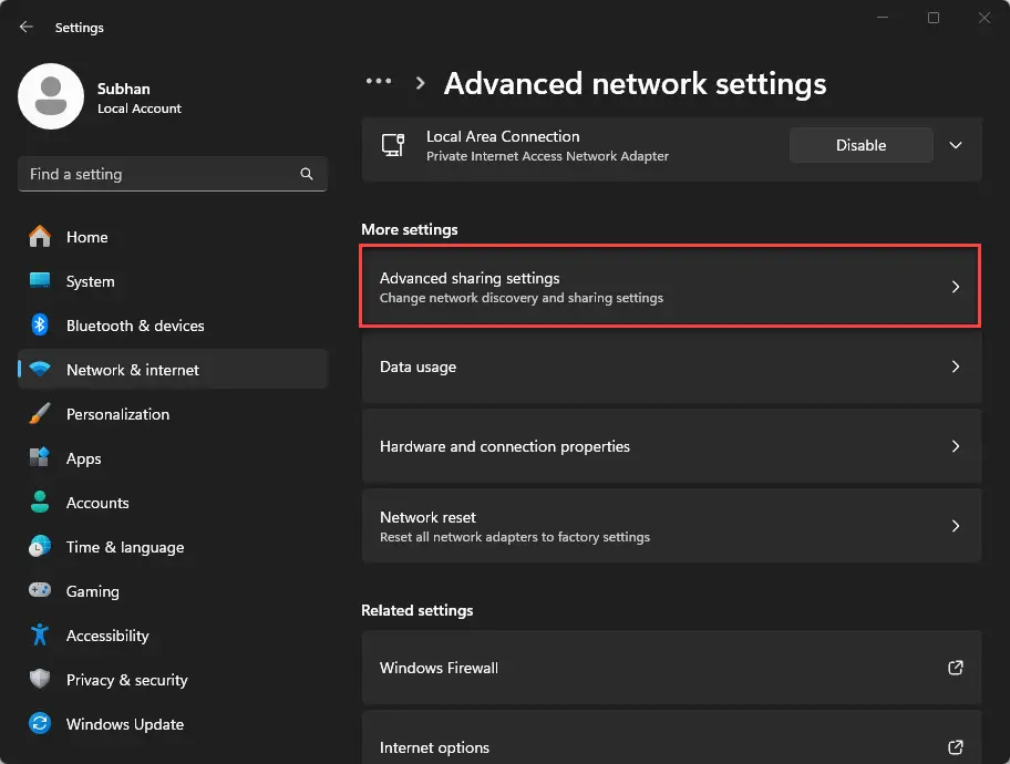 Откройте дополнительные настройки общего доступа