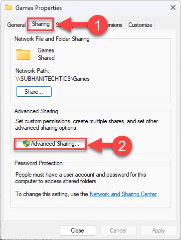 Открыть дополнительные параметры общего доступа